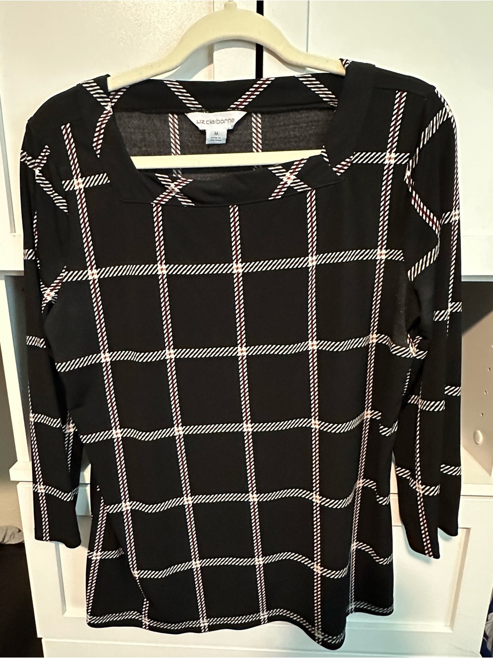 Liz Claiborne Black Windowpane Plaid 3/4 Sleeve Top